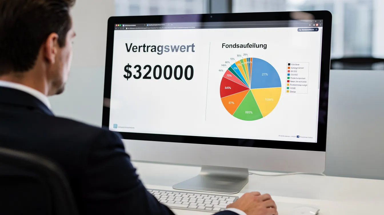 Eine Person schaut auf einen Bildschirm, auf dem ein Vertragswert sowie ein Kreisdiagramm mit der Fondsaufteilung angezeigt werden. Diese Informationen könnten im Zusammenhang mit dem Canada Life Login und der Freischaltung von Kontodaten stehen.