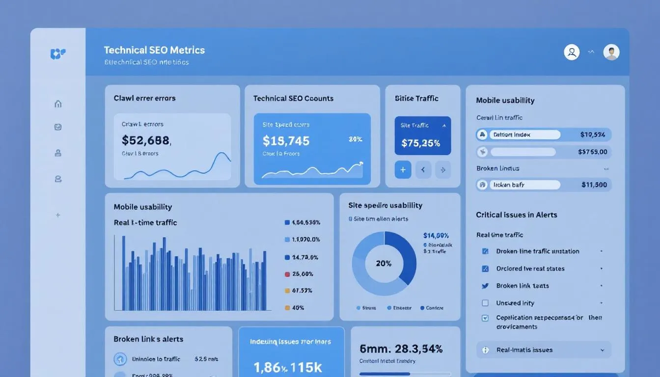 A technical SEO maintenance dashboard displays various metrics and alerts, showcasing performance tracking elements such as site speed, crawl errors, and keyword research. This ongoing SEO strategy helps business owners understand the key differences between ongoing efforts and one-time fixes to ensure long-term success and a solid SEO foundation.