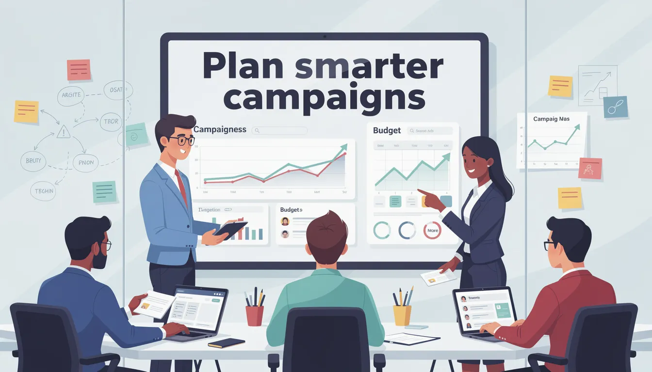 The image depicts a digital workspace showcasing a marketing automation platform, highlighting various features such as email marketing tools, automated workflows, and customer data management. It emphasizes the importance of planning smarter marketing campaigns to optimize business growth and enhance customer interactions through personalized experiences.