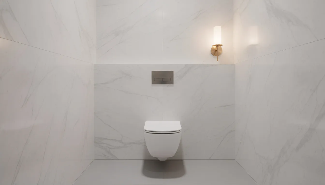 Een modern toilet met marmerlook wc wandpanelen en een stijlvolle messing wandlamp, die samen een luxe uitstraling creëren. De naadloze afwerking van de kunststof wandpanelen zorgt voor een onderhoudsvriendelijke en waterdichte oplossing in de toiletruimte.