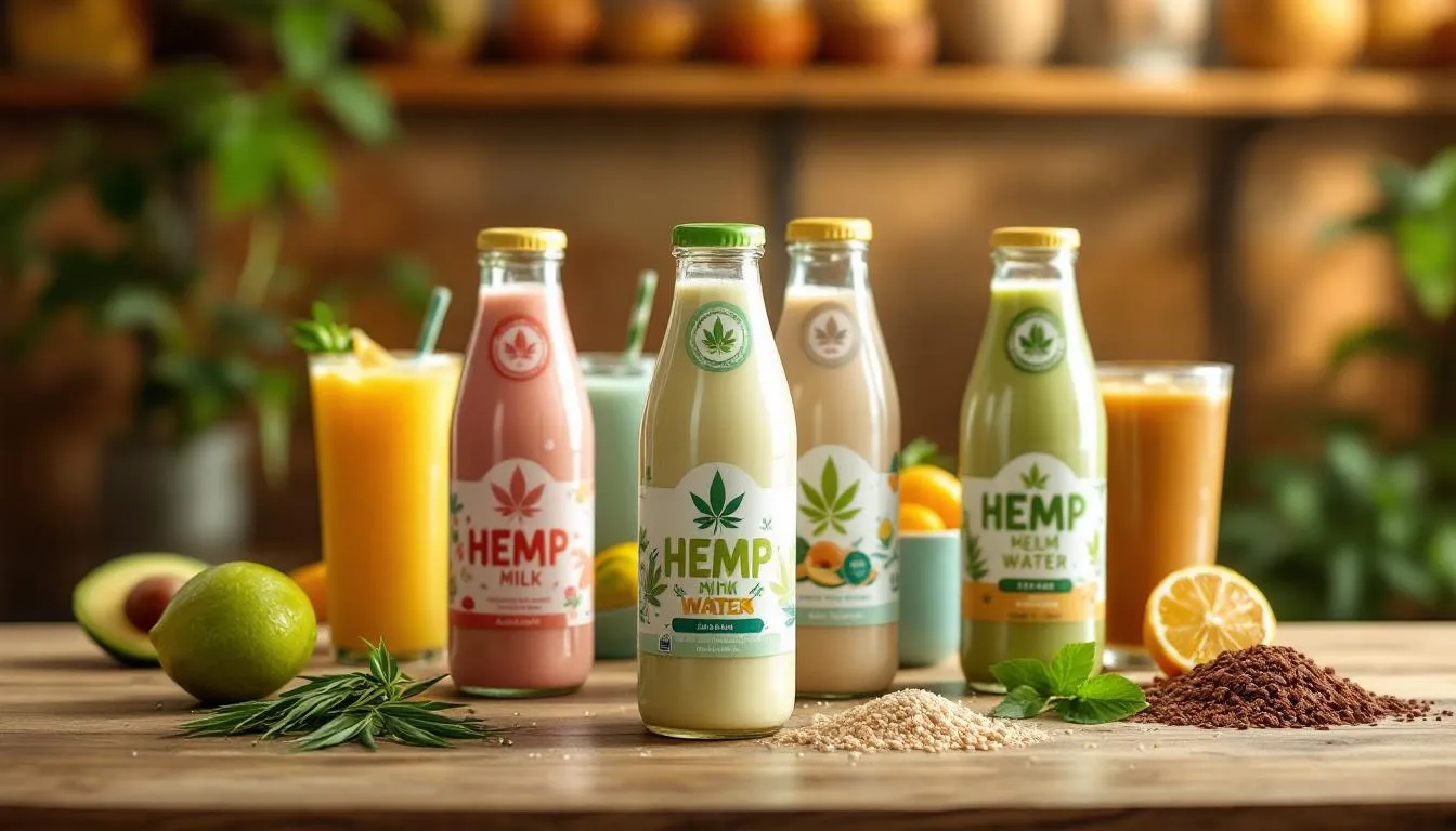 A variety of hemp drinks displayed on a table, showcasing their diverse flavors and packaging.