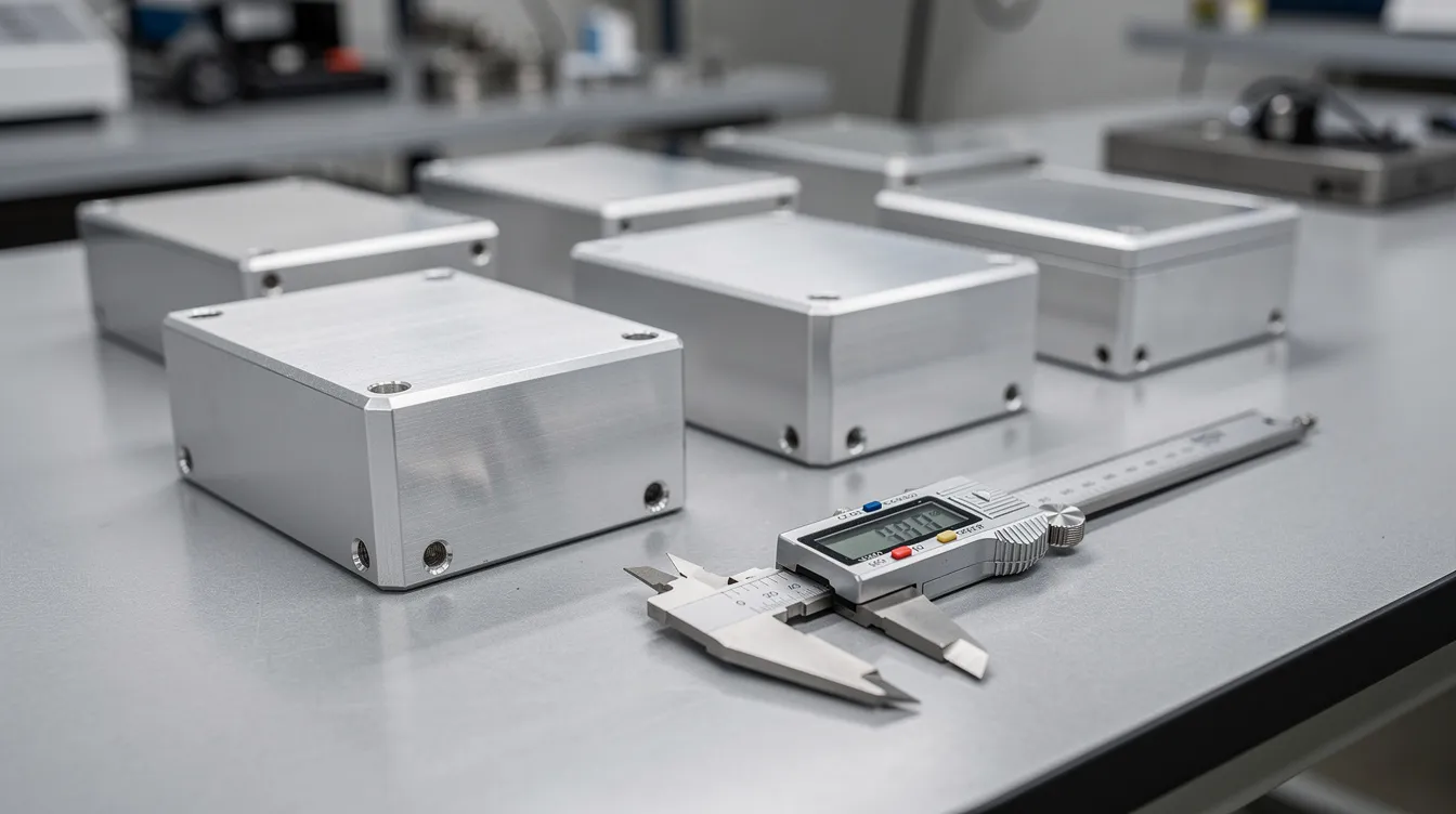 A collection of machined aluminum prototype enclosures is neatly arranged on an inspection table, accompanied by calipers for precise measurements. These custom components showcase the results of the CNC machining process, highlighting their tight tolerances and high precision suitable for various manufacturing applications.
