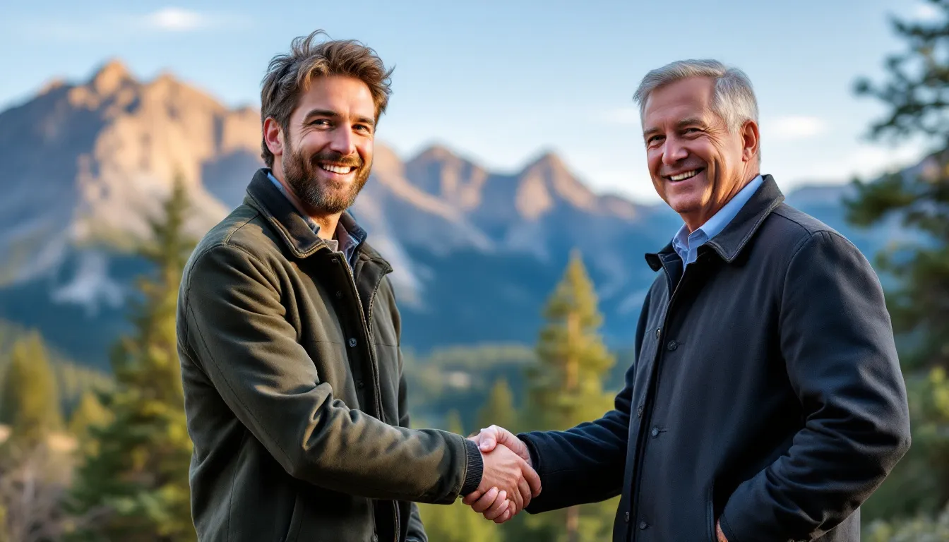 A satisfied client shakes hands with attorney Steve Johnston in front of the scenic backdrop of Idaho Springs, Colorado, symbolizing a successful partnership in navigating a workers compensation claim. The image captures the positive outcome of their collaboration, highlighting the importance of legal support for injured workers seeking workers compensation benefits.
