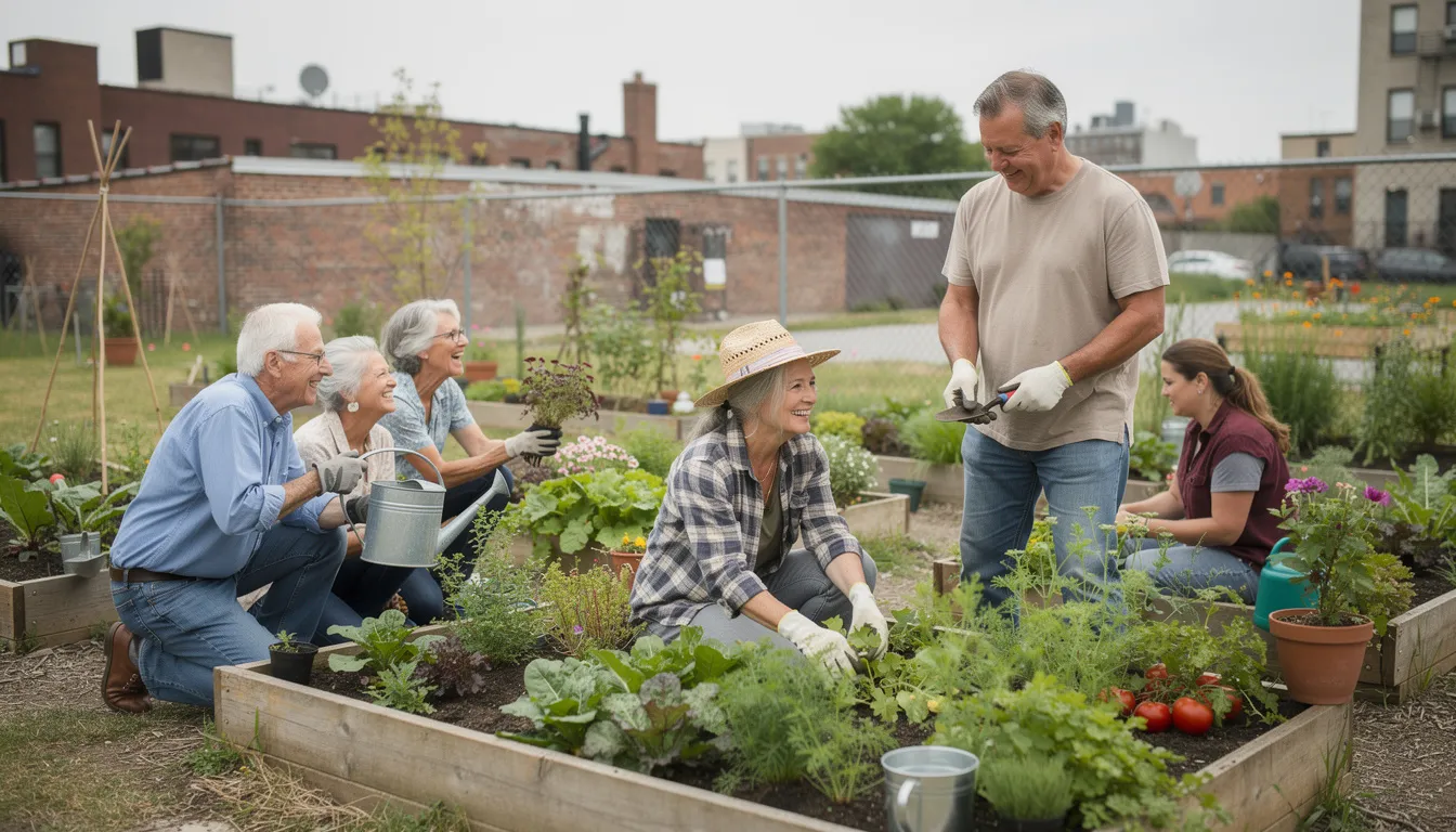 A group of middle-aged and older adults is engaged in a small urban community garden, actively tending to plants while enjoying lively conversations. This scene reflects the blue zones principles of fostering supportive social networks and engaging in low-intensity physical activity, contributing to a long and healthy life.