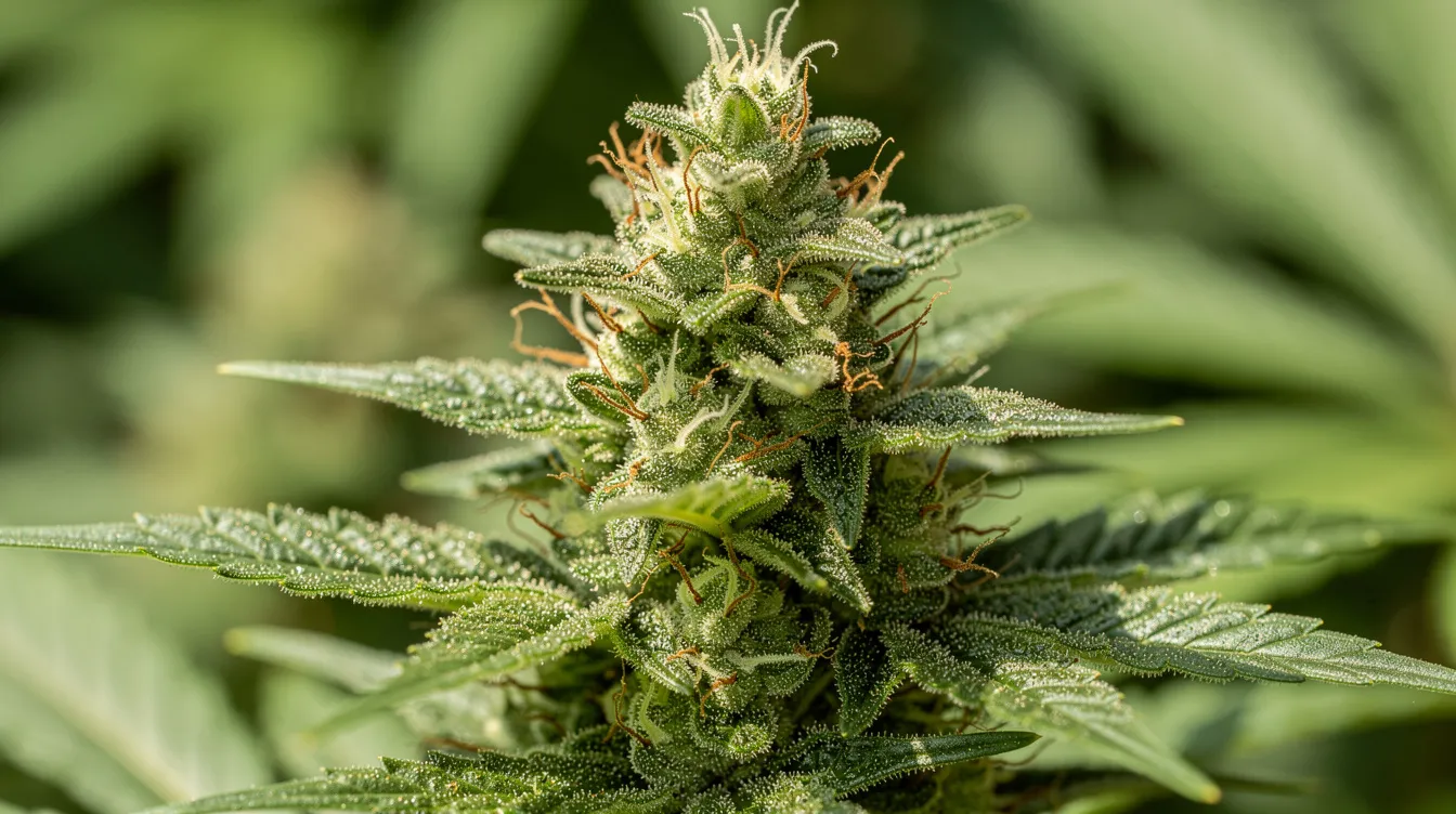 A close-up photograph showcases a fresh green cannabis flower, glistening with trichomes under natural light, highlighting its raw thca form. This visually rich image emphasizes the beauty and complexity of cannabis plants, which contain naturally occurring cannabinoids that may offer potential therapeutic benefits.