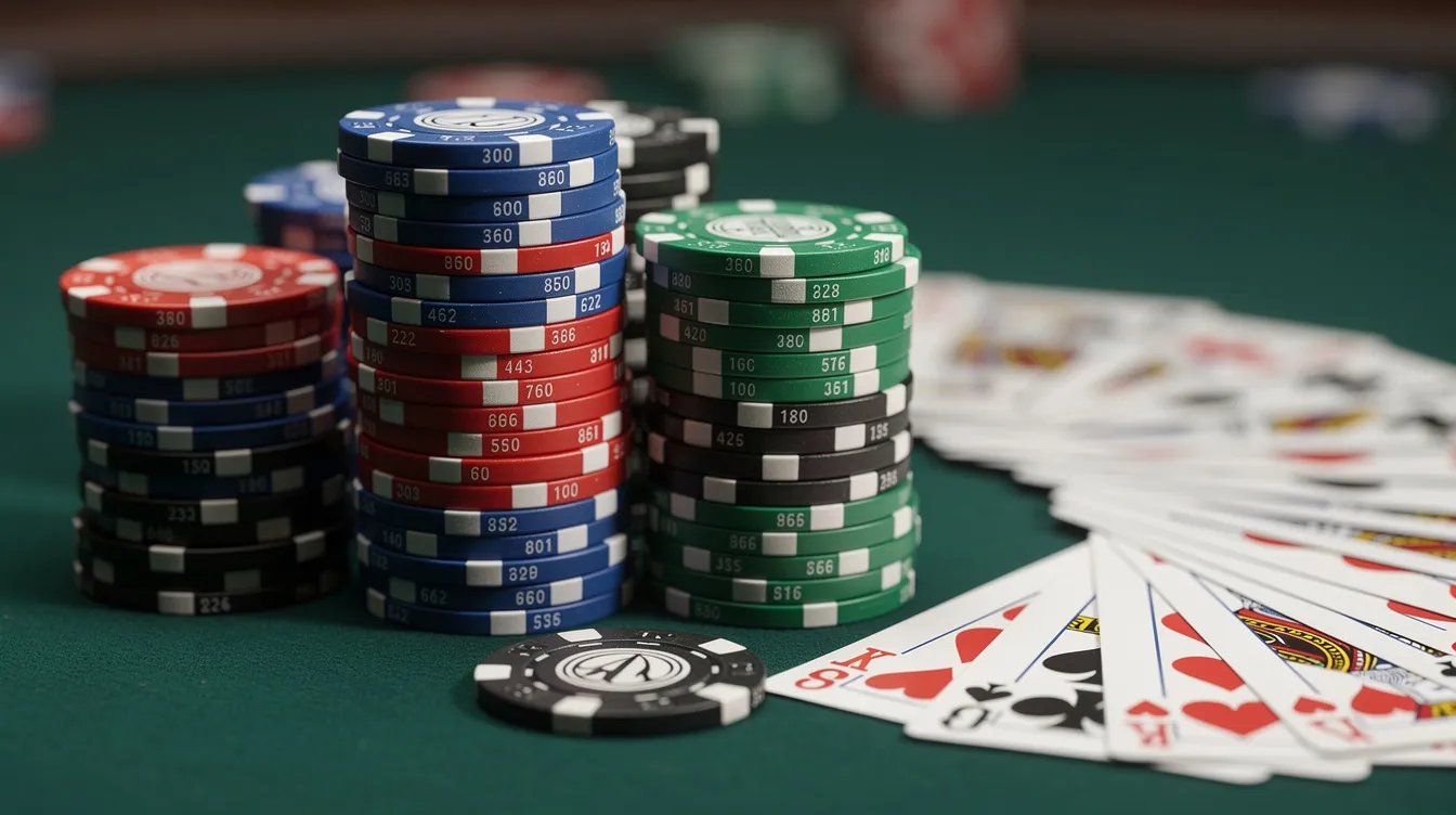 The image features a vibrant arrangement of colorful casino chips stacked on a green felt table, with playing cards placed nearby, creating an inviting atmosphere reminiscent of online gambling environments. This scene highlights the excitement and visual appeal of betting shops, where players can engage in games while being mindful of legal liabilities and responsible gambling practices.