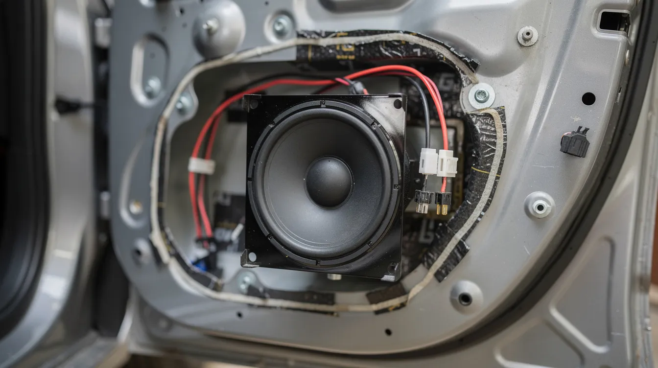 The image shows a car door panel removed, revealing an aftermarket speaker being installed, complete with a visible mounting bracket and wiring. This upgrade aims to enhance the car's sound system, improving sound clarity and overall sound quality compared to the factory speakers.