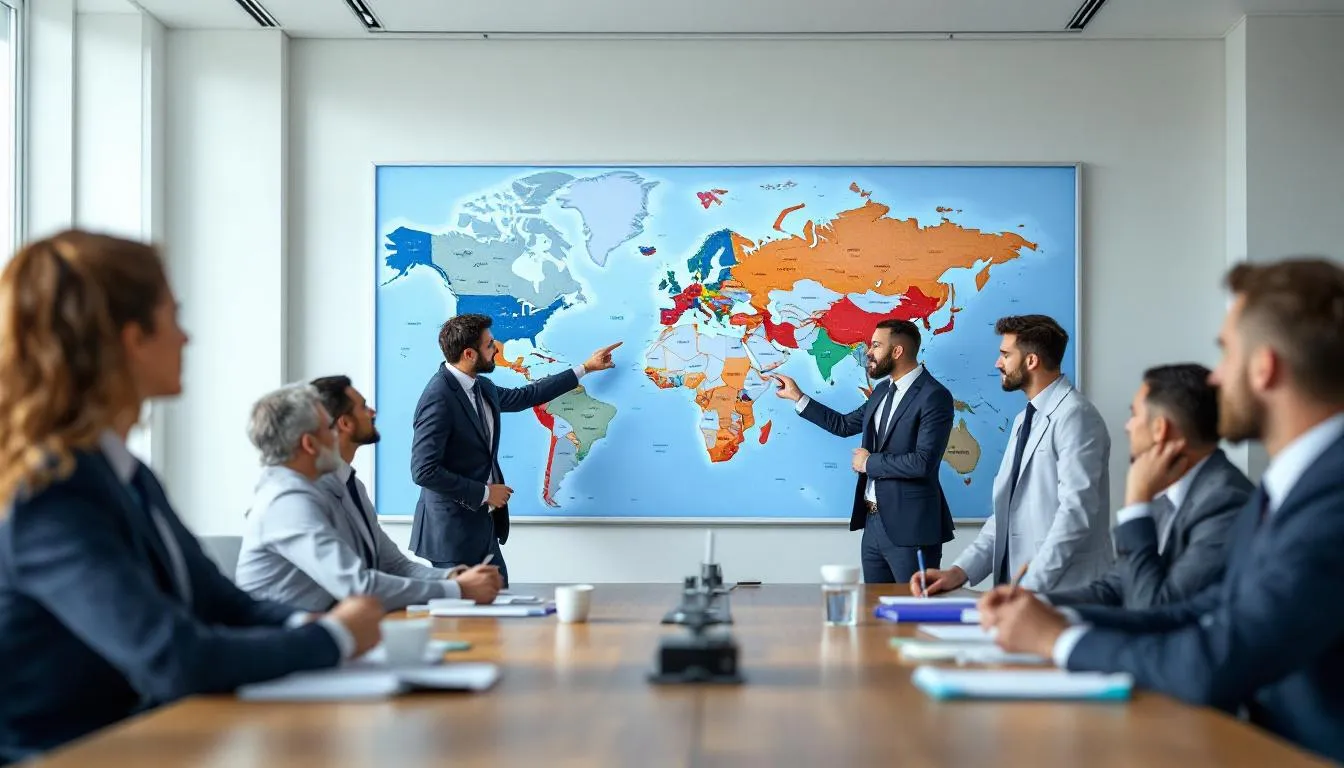 A group of international health officials is gathered around a large world map, coordinating strategies for pandemic response, highlighting the importance of disease control and preparedness in the face of infectious diseases like severe acute respiratory syndrome and influenza viruses. Important documents are spread out on the table, emphasizing their commitment to addressing future pandemics and protecting global health.
