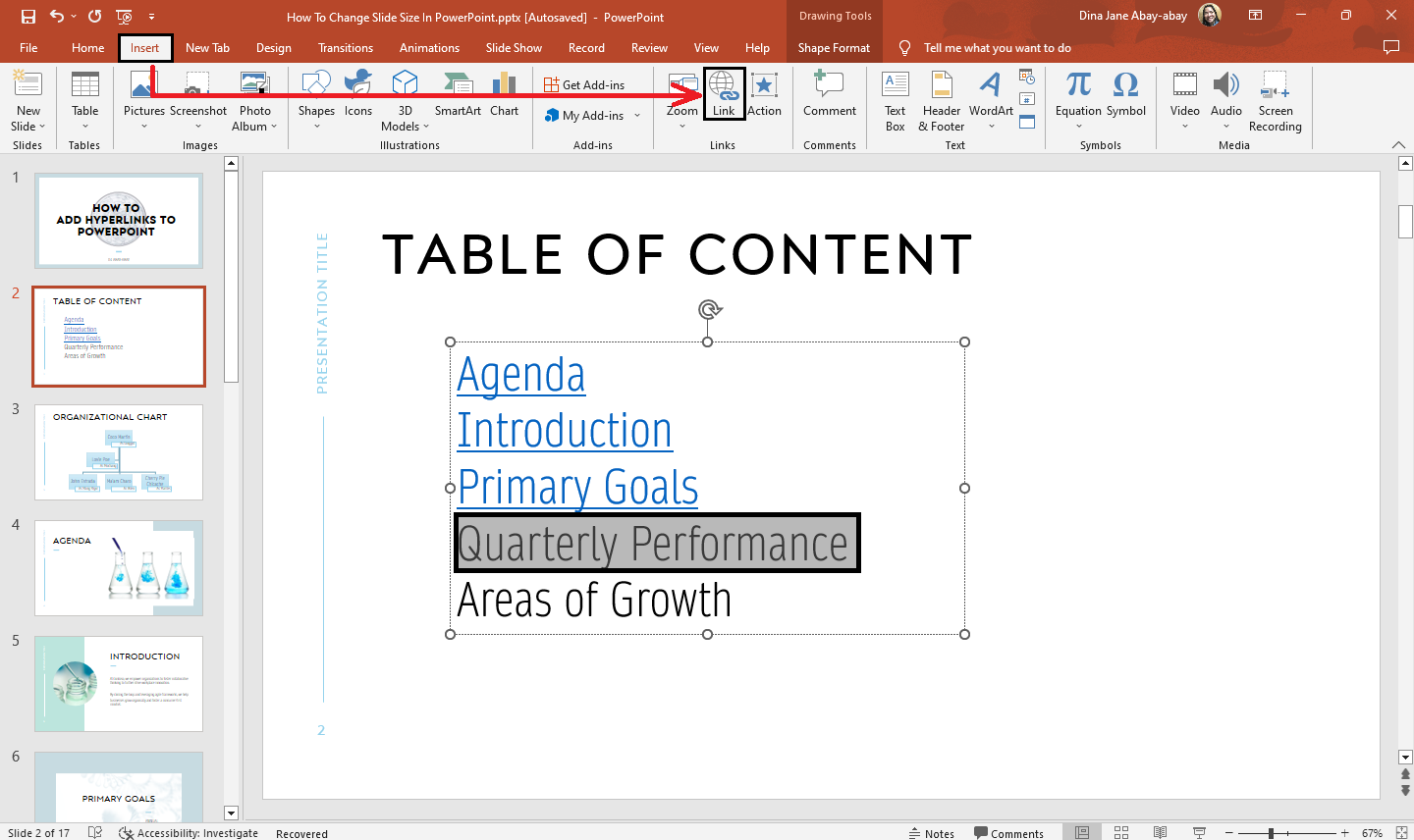 Highlight a text in your presentation slide, then go to "Insert" tab and click the "Link" option.