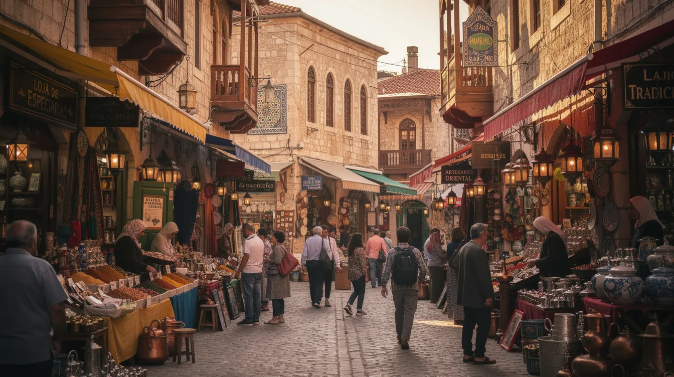 Um bazar movimentado em uma rua estreita apresenta arquitetura otomana e lojas tradicionais, repletas de produtos típicos da Croácia. O ambiente vibrante reflete a rica cultura da região, atraindo tanto turistas quanto locais em busca de experiências autênticas.