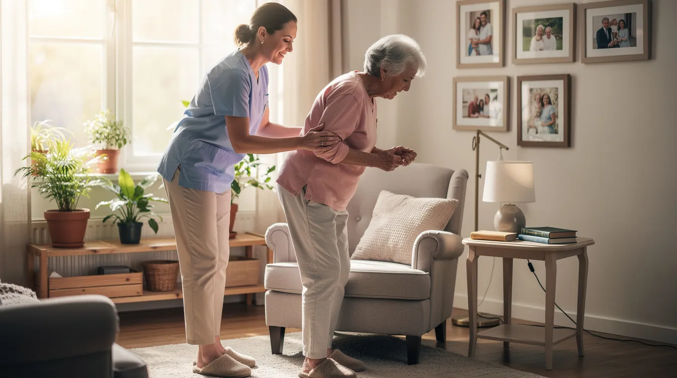 A caregiver is gently assisting an older adult to stand from a comfortable chair in a bright living room, showcasing the supportive services that family caregivers provide in home care. This scene highlights the importance of community-based services in promoting independence for care recipients.