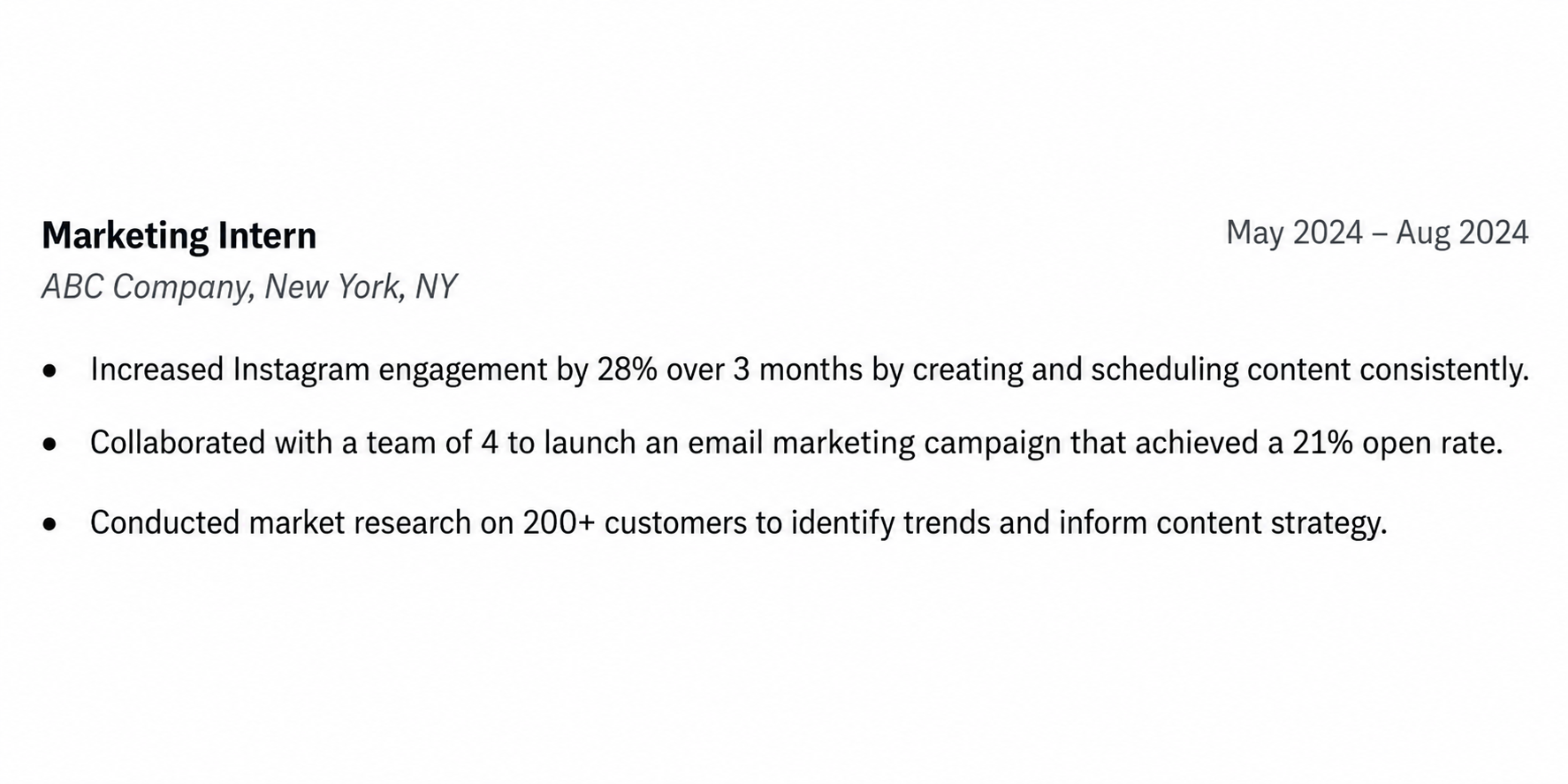 Example of a resume work experience entry showing a job title, company, employment dates, and three concise, one-line bullet points with quantifiable achievements.
