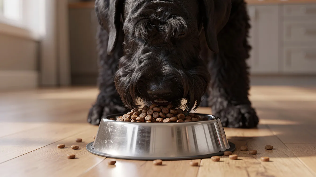 A Black Russian Terrier is happily eating high-quality kibble from a dog bowl, showcasing its dense double coat and strong build. This rare breed is known for its protective nature and intelligence, making it an excellent family dog and a good choice for novice dog owners.