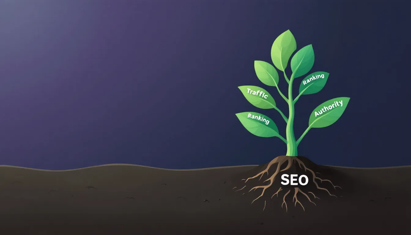 The image depicts a digital marketing strategy focused on "SEO That Compounds Over Time," illustrating various elements of search engine optimization. Key components include search engine rankings, keyword research tools, and analytics tools that enhance a website's online visibility and organic search traffic.