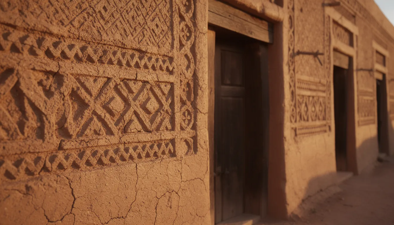 A close-up view of intricately carved mud-brick walls in warm ochre tones, showcasing geometric patterns and wooden door frames, exemplifies the architectural heritage of Aït Benhaddou, a UNESCO World Heritage site in southern Morocco. This fortified village reflects Morocco's rich history and traditional Berber life, surrounded by the stunning landscapes of the Atlas Mountains.