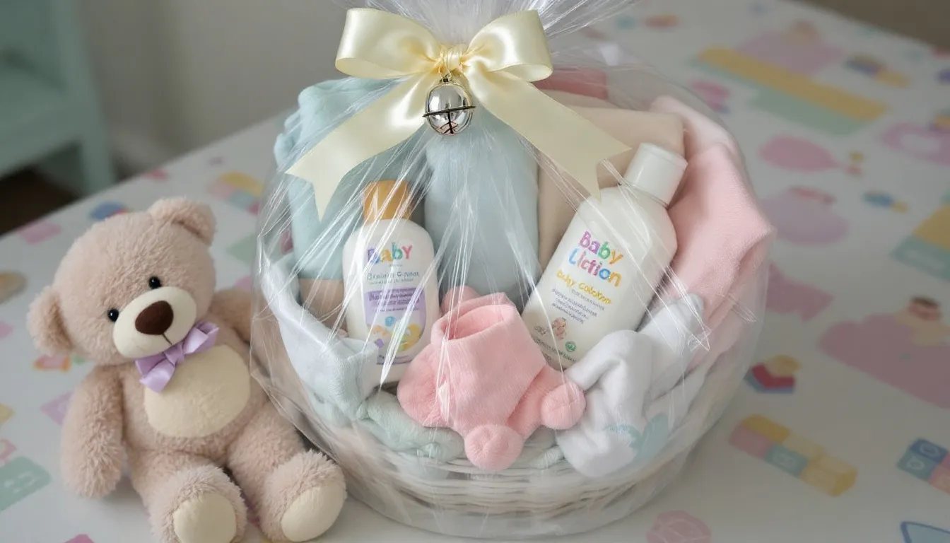 A beautifully arranged gender-neutral baby shower gift basket sits on a nursery-themed table, filled with essential baby items such as burp cloths, baby lotion, and a plush toy, all wrapped in cellophane with a decorative bow. This thoughtful baby shower gift is ideal for new parents welcoming their baby.