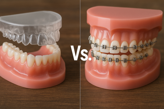 image comparing clear aligners and braces to see "do clear aligners actually work?"