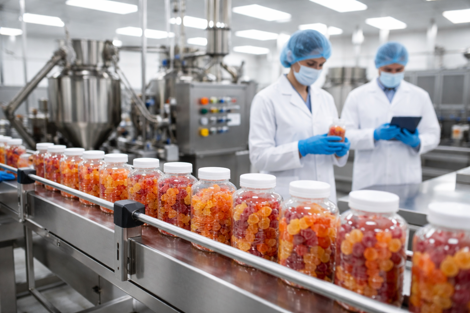 A gummy manufacturer. A conveyor belt carries jars of gummy vitamins as two lab workers in full PPE, including lab coats, gloves, hair nets, and masks, monitor the production in a sterile environment.