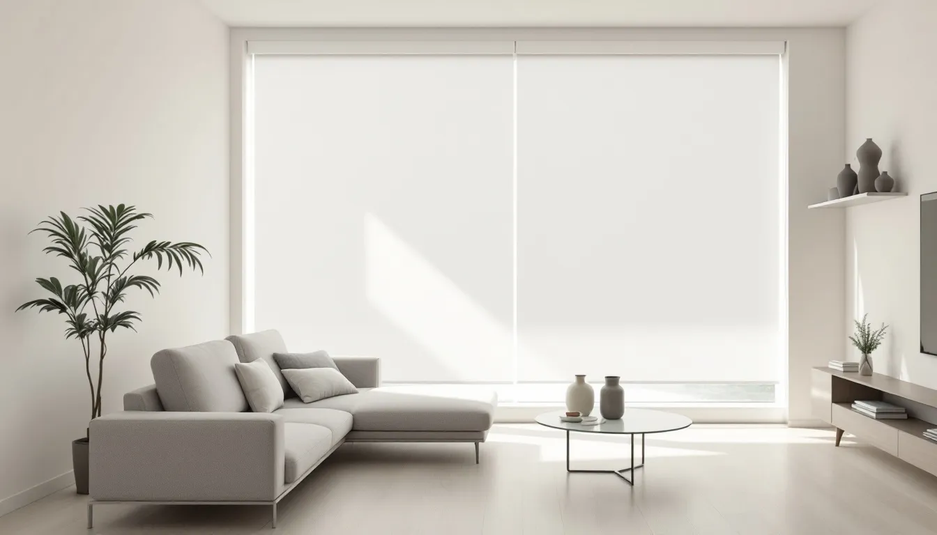 A modern living room featuring motorised roller blinds.