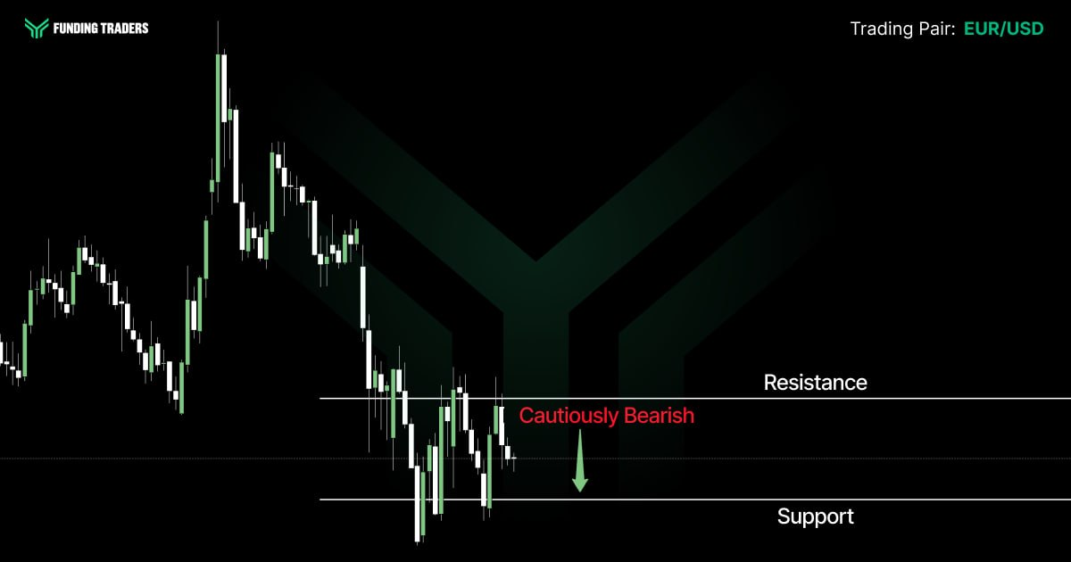 EUR/USD candlestick chart from Funding Traders showing price consolidating between a resistance level and a support level after a sharp decline, with a green downward arrow and the red label "Cautiously Bearish" — indicating a bias toward further downside while price remains trapped below resistance.