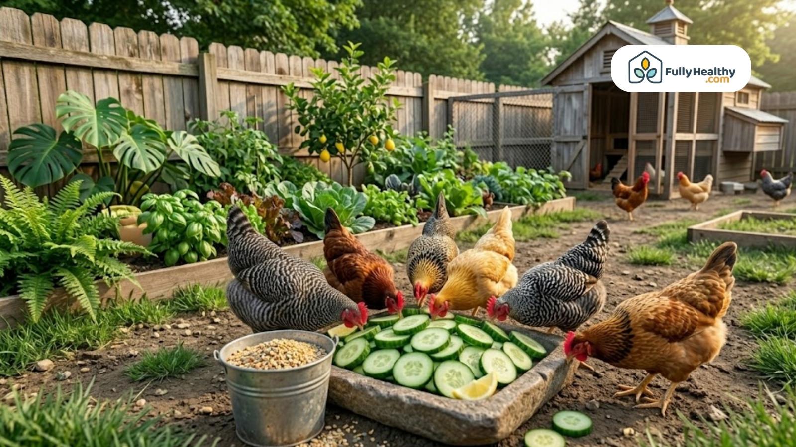 Hens gathered around cucumber slices in fenced backyard garden