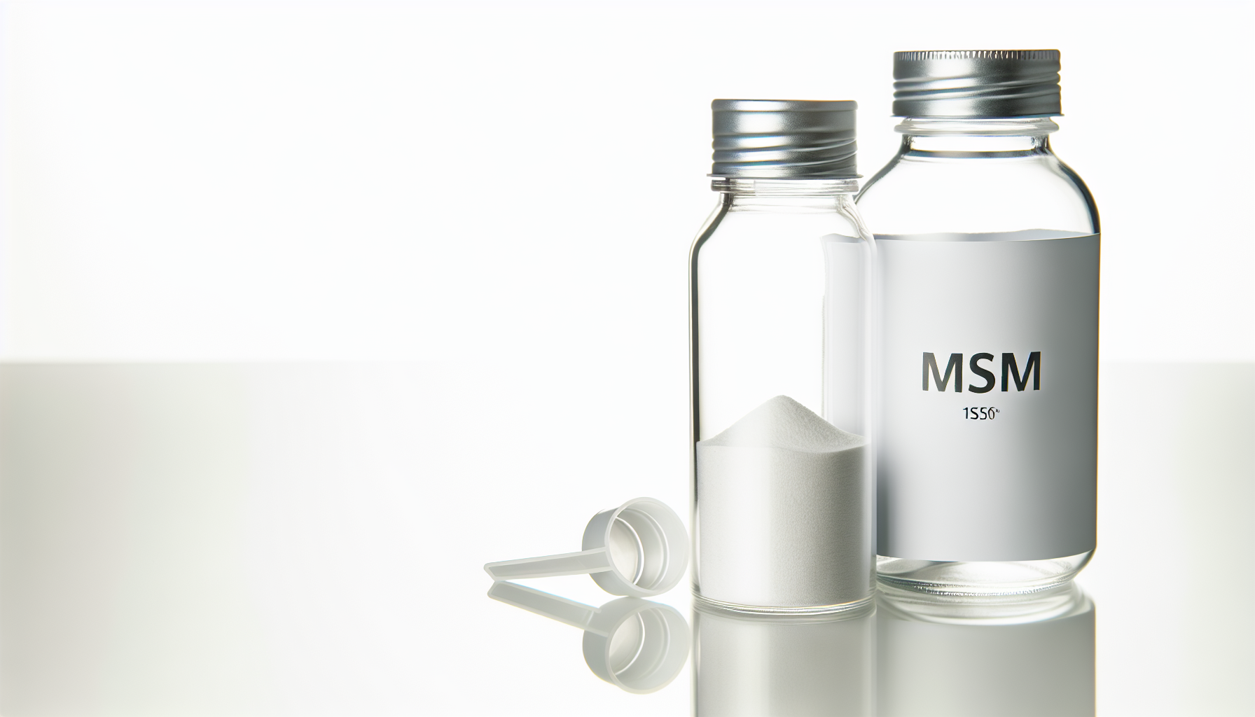 A bottle of MSM supplements and a measuring scoop on a white background