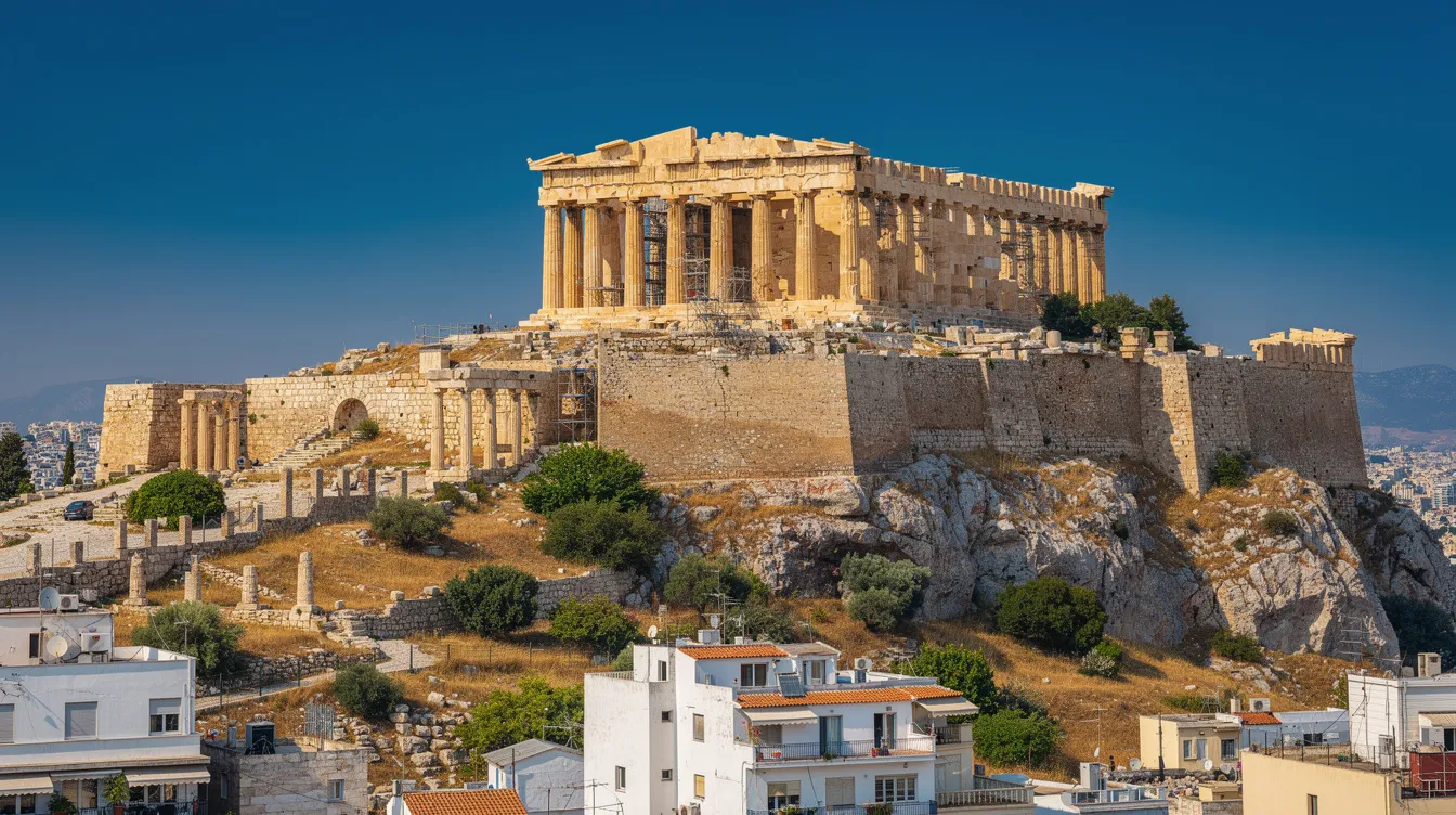 A imagem mostra a Acrópole de Atenas, uma impressionante cidadela localizada na cidade alta, destacando-se por suas estruturas icônicas, como o Partenon e o Teatro de Dionísio. Este sítio arqueológico é um importante patrimônio mundial da Grécia, simbolizando a rica história e a arquitetura da antiga Atenas.