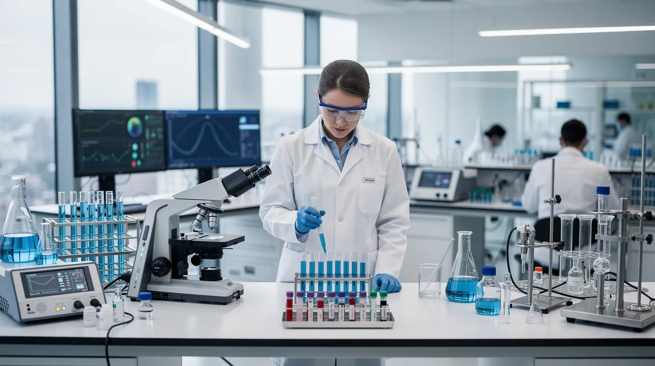 The image shows a scientist in a modern research laboratory, surrounded by advanced equipment and technology, conducting experiments that contribute to scholarly research. This setting reflects the environment of outstanding professors and researchers who demonstrate extraordinary ability and are recognized for their significant contributions to the field.
