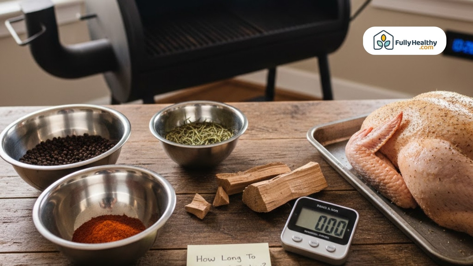 Smoking setup with spices, wood chunks, timer, and seasoned turkey