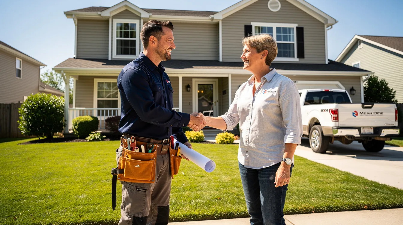 The image shows a contractor and a homeowner shaking hands in front of a house, symbolizing a successful agreement for home improvement services. This scene reflects the importance of local service businesses in building relationships with potential customers and achieving their business goals.