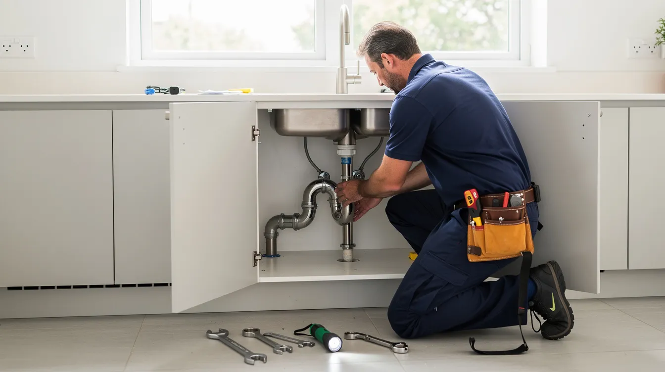 A skilled plumber is inspecting the plumbing system under a modern kitchen sink, checking for any potential plumbing problems such as leaky pipes or clogged drains. This professional plumbing service aims to ensure that all connections are secure and functioning properly to prevent future issues for satisfied customers.