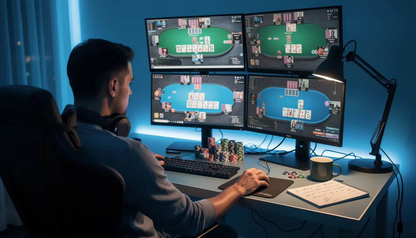 A focused poker player sits at a desk surrounded by multiple monitors displaying various Omaha poker tables, emphasizing their role as a "PLO mastermind." The setup showcases a user interface filled with advanced poker tools, highlighting strategies for pot limit Omaha and preflop ranges.