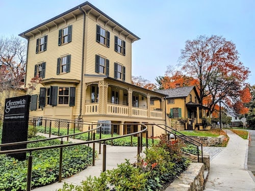 Historic buildings, including what is now the museum store, at the Greenwich Historical Society
