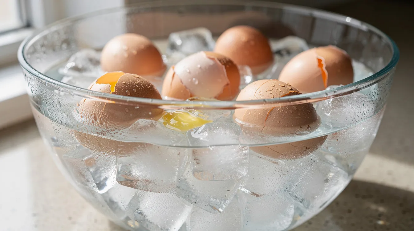 A large bowl filled with ice water and ice cubes contains several soft boiled eggs, which are cooling after being cooked. These perfect soft boiled eggs, often used in ramen dishes, will soon be marinated in soy sauce for a delicious flavor.