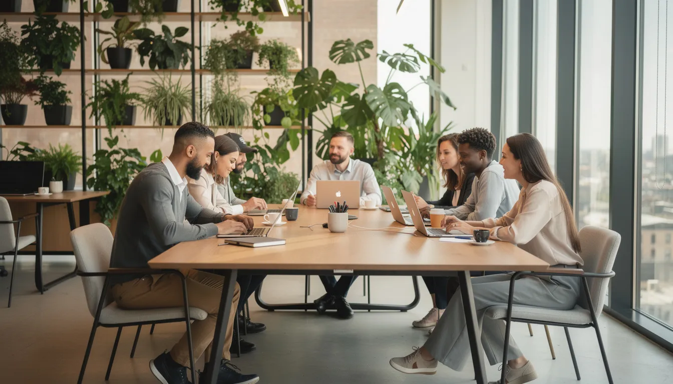 In het moderne werkruimte zijn professionals samen aan het werk op laptops, omringd door planten en natuurlijk licht. Deze samenwerking ondersteunt een gemeenschappelijk leerproces en draagt bij aan de digitale transformatie binnen hun organisaties, waarbij ze zich richten op strategisch informatiemanagement en effectieve implementatie van technologie.