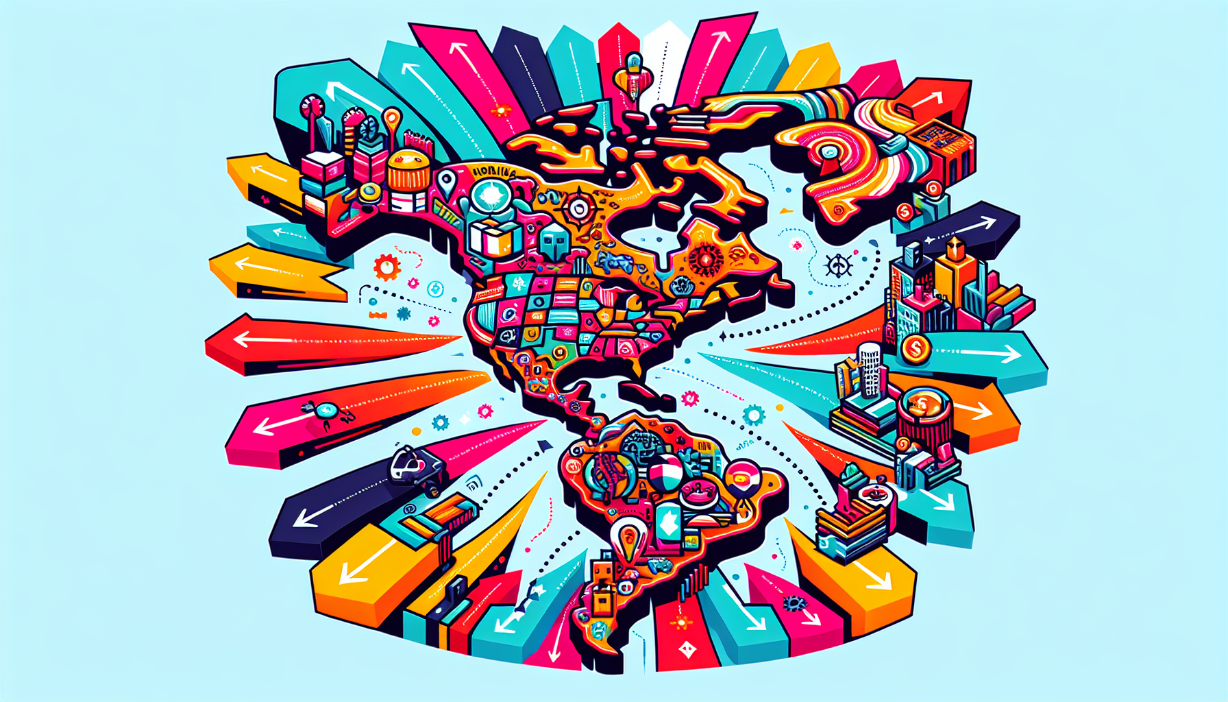 An illustration depicting the concept of nearshoring, showing a map with nearby countries highlighted.