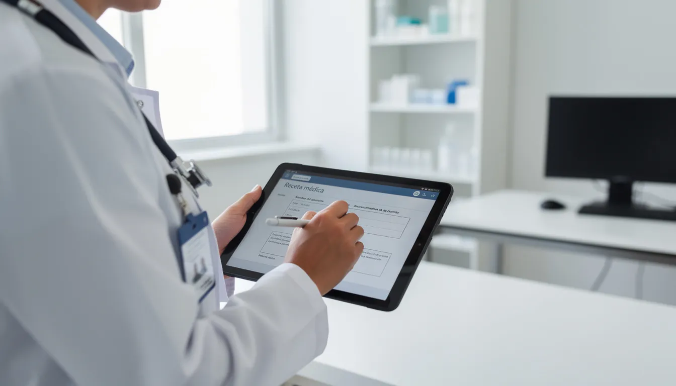 Un profesional de salud escribe una receta médica en una tableta digital dentro de un consultorio moderno, mostrando un enfoque en la atención al paciente y el uso de tecnología para facilitar la prescripción de medicamentos. En la imagen se observa la concentración del médico mientras gestiona la información necesaria para el tratamiento.