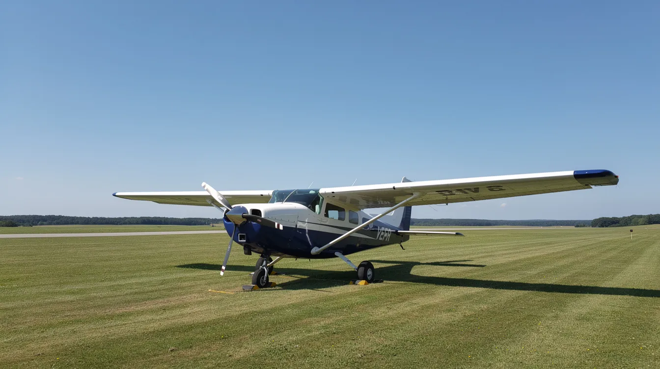 A small single-engine aircraft is parked on a grassy runway under a clear blue sky, representing a serene environment for aspiring pilots and flight training. This image highlights the simplicity of light sport aircraft, essential for student pilots working towards their private pilot certificate.