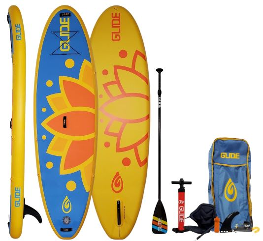 knees slightly bent with one foot forward on the sup board practice recreational paddling on flat water with a forward stroke with the paddle surfing the surface as you make a straight line