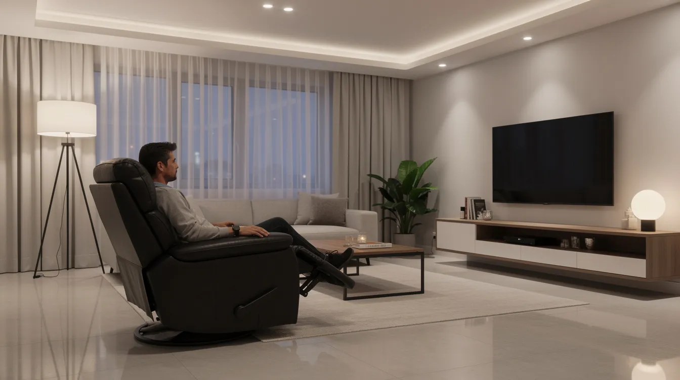 En person sitter avslappnat i en modern svart fåtölj och tittar på television i ett stilrent vardagsrum. Rummet är inrett med komfortabla möbler och ger en tidlös känsla av stil och elegans.