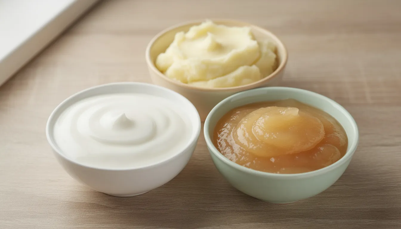 The image features a healthy arrangement of soft foods, including yogurt, mashed potatoes, and applesauce, displayed in small bowls, which are ideal for those recovering from oral surgery. These foods support the healing process and are gentle on the surgical site, helping to prevent complications such as dry socket and infection.