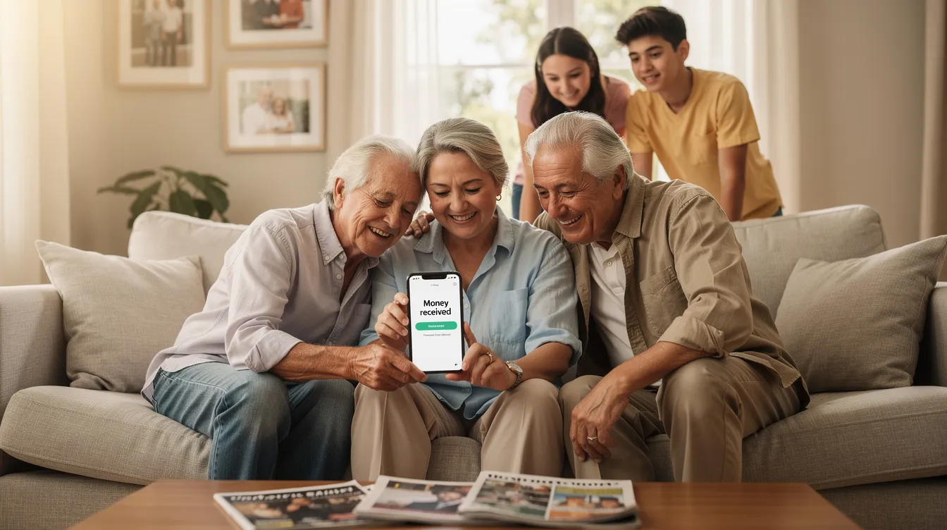 The image depicts a family in a cozy living room, where a parent is showing a phone screen to their elderly grandparents, illustrating the process of receiving money from abroad through digital remittance channels. This scene highlights the importance of financial inclusion for families, particularly overseas Pakistanis, as they utilize secure banking services to manage their funds effectively.