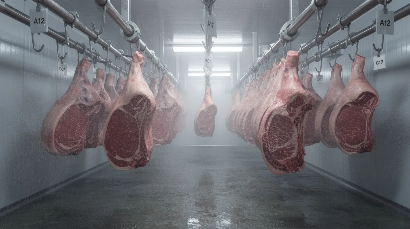 Une chambre froide spacieuse, où de grandes découpes de viande de boeuf pendent sur des crochets en inox, témoignant des normes de qualité et d'hygiène requises dans le domaine de la boucherie charcuterie. Cet espace est essentiel pour le stockage et la préparation des produits carnés destinés aux professionnels de la viande.
