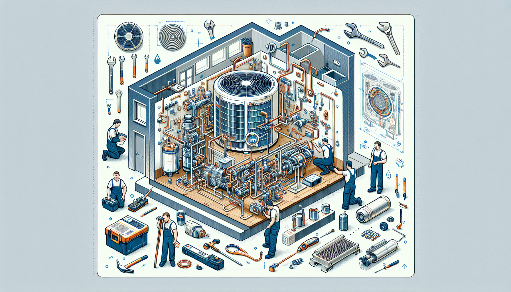 An illustration depicting the installation and maintenance process of a heat pump system.