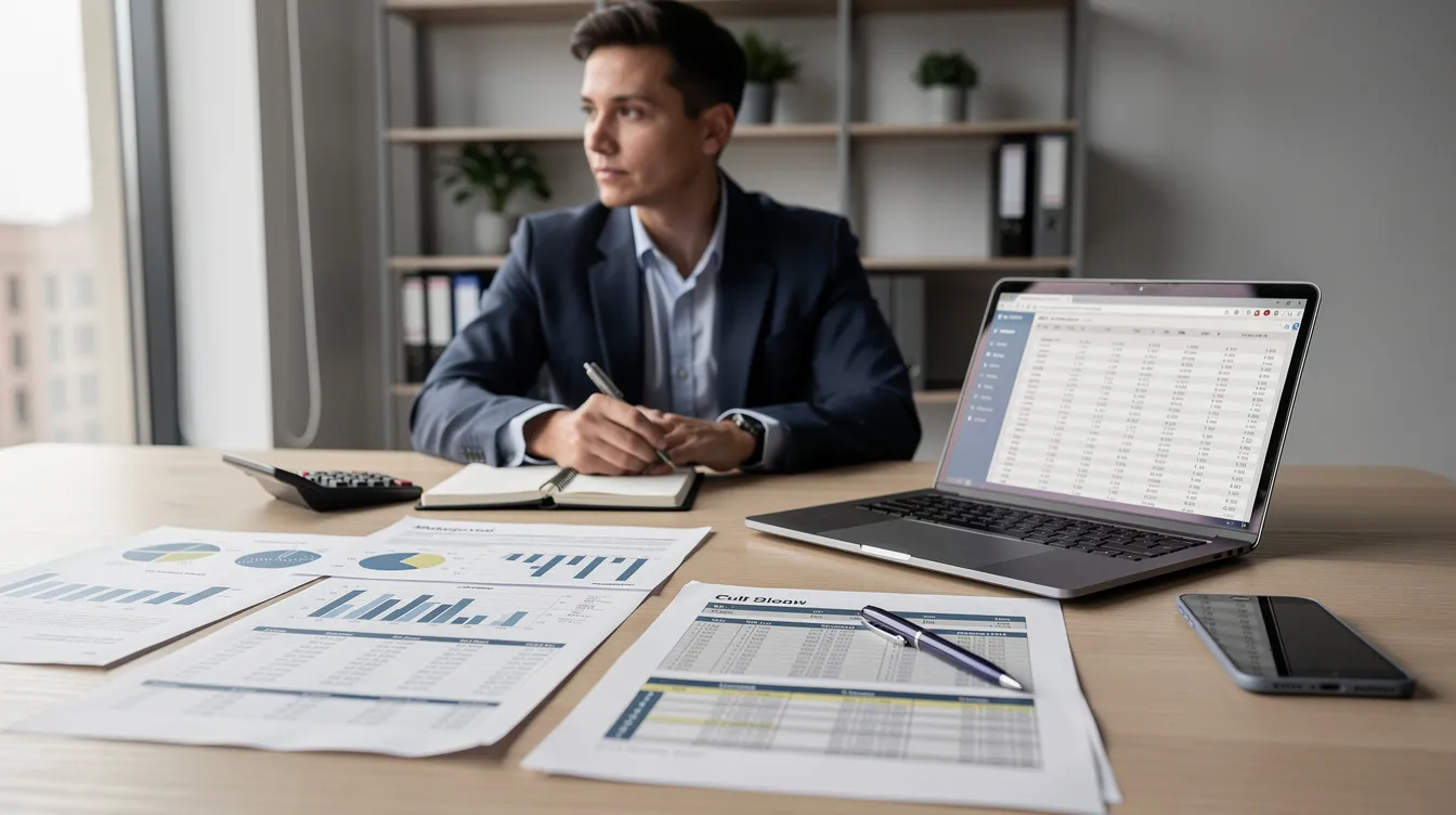 A professional is seated at a desk, intently reviewing financial documents that include financial statements and various types of construction bonds, such as performance and payment bonds. The scene emphasizes the importance of understanding construction bonds and their role in ensuring project success and financial protection for project owners.