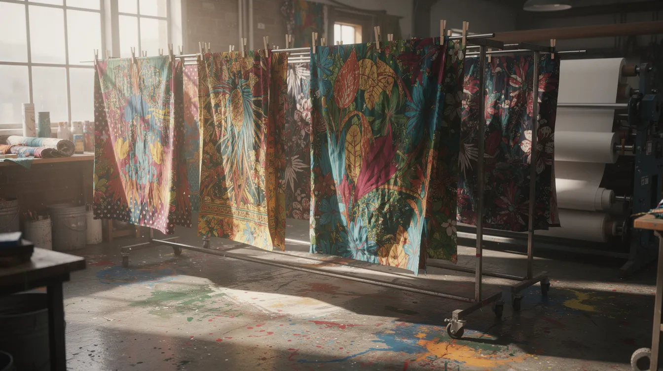 The image showcases vibrant digitally printed fabrics hanging to dry in a textile workshop, highlighting the colorful patterns and textures that are characteristic of the textile industry. This scene reflects the production process in textile manufacturing, illustrating the creativity and craftsmanship involved in creating unique fabric designs for the market.
