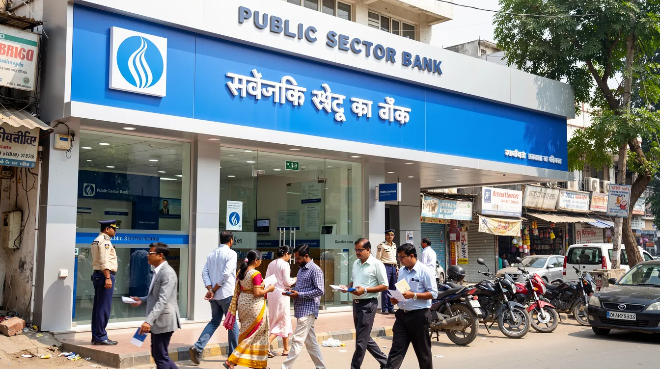 The image shows the exterior of an Indian public sector bank branch, with customers entering and exiting, indicating a busy atmosphere. This scene reflects the bank's role as a financial institution providing services such as loan applications and financial assistance to individuals and micro enterprises under schemes like the Mudra loan.