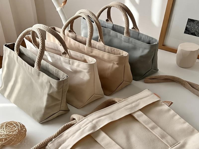 Canvas tote bags in soft colors like beige, cream, and gray, standing and lying on a white table in a bright room.