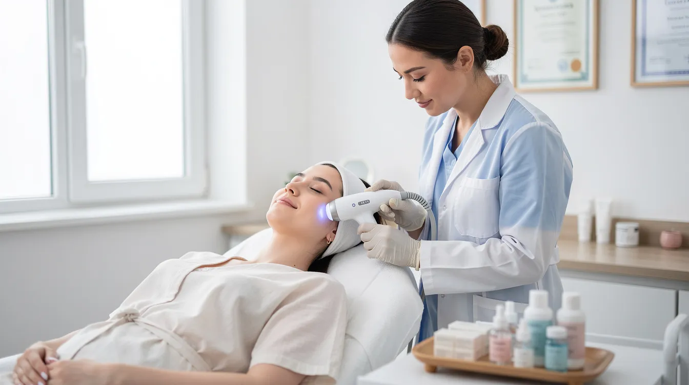 A patient is receiving a comfortable non-invasive facial treatment in a calm medical clinic, designed to tighten sagging skin and improve skin texture through the delivery of RF energy. The treatment, which includes the use of a built-in cooling system, aims to stimulate collagen production while maintaining surface temperature, resulting in visible tightening effects and mild redness.