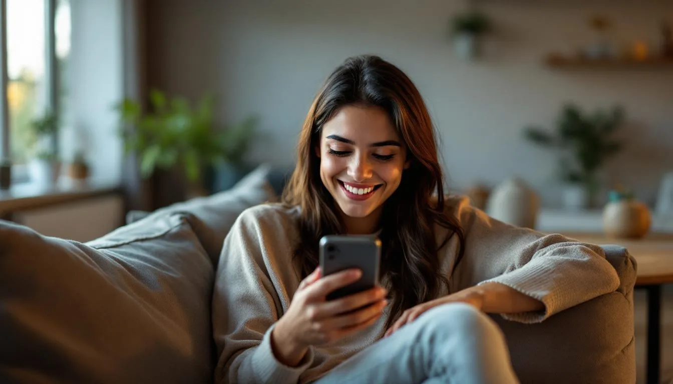 Un cliente joven sonríe mientras revisa las notificaciones en su teléfono móvil, posiblemente relacionadas con su experiencia en el salón de belleza. La imagen refleja la satisfacción y conexión que puede generar el uso de software de gestión para mejorar la fidelización de clientes.